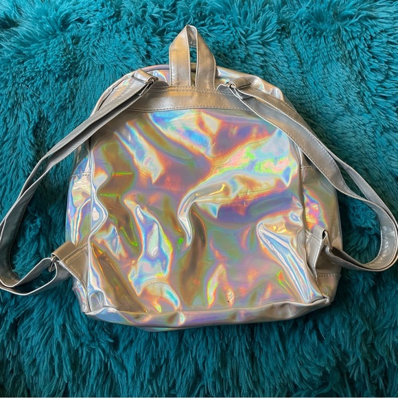 holographic mini backpack cute festival wear rave bag holo rainbow silver pack - Picture 2 of 3